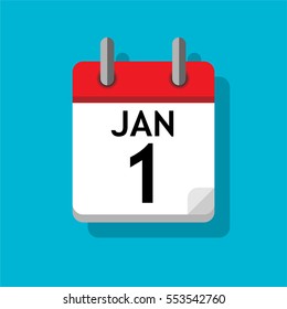 Una sola página del calendario. Plano sobre fondo azul. 1 de enero.