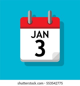 Single page from calendar. Flat on blue background. 3rd of January.
