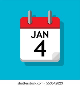 Single page from calendar. Flat on blue background. 4th of January.