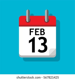 Single page from calendar. Flat on blue background. 13th of February.