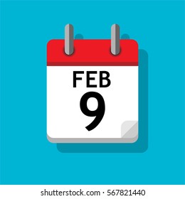 Single page from calendar. Flat on blue background. 9th of February.