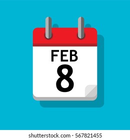 Single page from calendar. Flat on blue background. 8th of February.