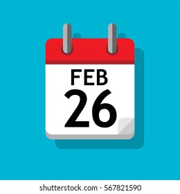 Single page from calendar. Flat on blue background. 26th of February.