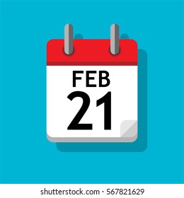 Single page from calendar. Flat on blue background. 21st of February.