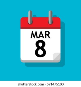 A single page from the calendar. Flat on blue background. 8th of March.