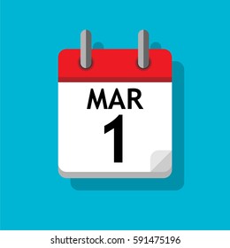 A single page from the calendar. Flat on blue background. 1st of March.