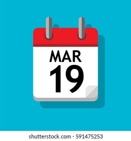 A single page from the calendar. Flat on blue background. 19th of March.
