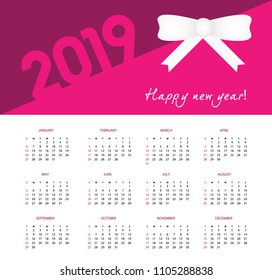 Single page calendar with ribbon for 2019
