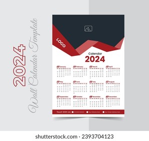 Single page modern wall calendar 2024 design template, happy new year 2024 calendar design, One Page Wall Calendar Design, A4 Size vector