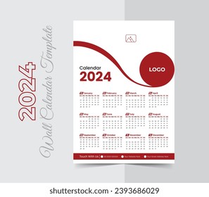 Single page wall calendar 2024 design template, modern and clean style vector one page calendar design 2024, a4 vector template