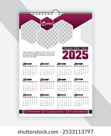 Einseitige Wandkalender 2025 Designvorlage, moderne und saubere Stil Vektor einseitige Kalenderentwurf 2025, a4 Vektorvorlage