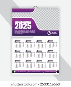 Calendario de pared de una sola página Plantilla de diseño 2025, estilo moderno y limpio Vector de una página diseño de calendario 2025, Plantilla de Vector a4