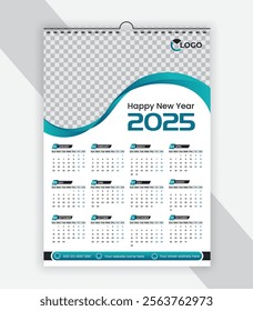 Single page wall calendar 2025 design template, modern and clean style vector one page calendar design 2025, a4 vector template