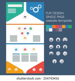 Single page website template, basic icons in circles. Modern flat design with bright, vivid colors. Suitable for phones and tablets. Eps10 vector illustration.