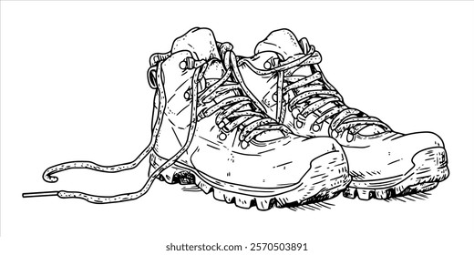 single pair of rugged hiking boots with loose laces hand-drawn illustration