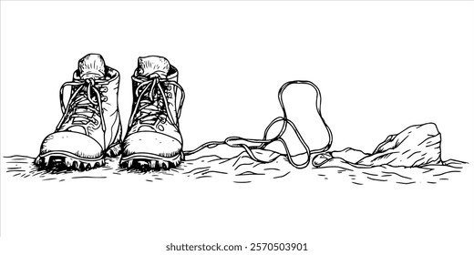 single pair of rugged hiking boots with loose laces hand-drawn illustration