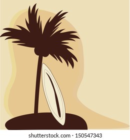 a single palm with cocos and a surfboard in summer