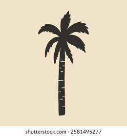 Single Palm Tree Coconut Black Silhouette. Tropical Jungle Coco Plant. Vector Minimalist Illustration