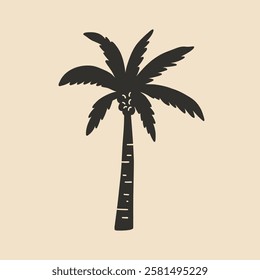 Single Palm Tree Coconut Silhouette. Tropical Jungle Coco Plant. Vector Minimalist Illustration