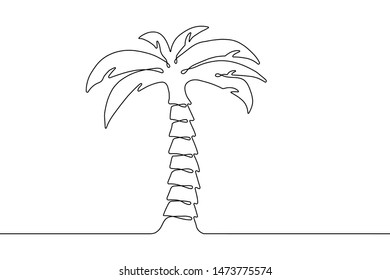 Single palm tree drawing in style of one continuous line black color. Self drawing