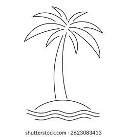 Arte única em palmeiras na ilha com ondas do mar. Traço editável. Mínimo contorno de coqueiro tropical. Exótico esboço de praia de verão para logotipo, decoração, design de viagem, vetor preto e branco