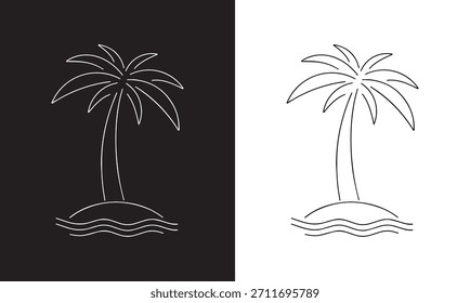 Solo arte de línea de palmera en la isla con olas de mar. Trazo Editable. Mínimo contorno de árbol de coco tropical. Boceto exótico de la playa del verano para el logotipo, decoración, diseño del viaje. archivo de la Ilustración vectorial eps