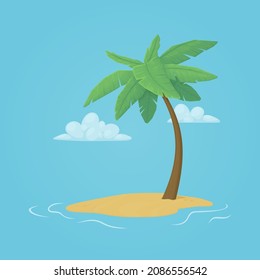 Single palm tree on a tiny island in the ocean. Blue sky with clouds in the background. Exotic vacation, exploration, isolation, loneliness. Cartoon style illustration. Vector.