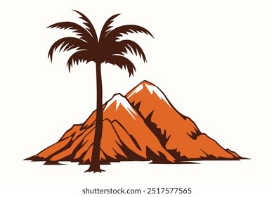 A single palm tree stands tall against a backdrop of mountains. vector illustration