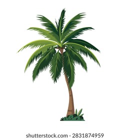 Single palm tree stands tall and green. Leaves fan outward, full and vibrant. detailed style, flat vector illustrations.