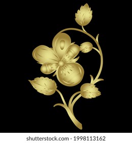 Single pansy or violet flower. Blooming floral branch. Viola tricolor. Golden glossy silhouette on black background.