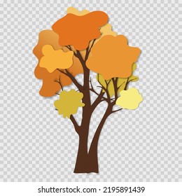 Single paper cut Autumn tree with orange and yellow brushes on transparent background, Vector nature element designs of Fall season decoration for card or invitation