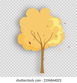 Single paper cut Autumn tree with yellow leaves on transparent background, Vector nature element designs of Fall season decoration for card or invitation