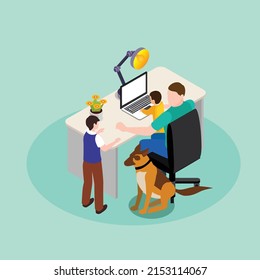 Single Parent Father Working From Home With Two Kids And Dog Isometric 3d Vector Illustration Concept For Banner, Website, Illustration, Landing Page, Flyer, Etc.