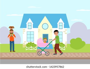 Single parent and fatherhood. Father walking with baby girl in pram and dad piggyback riding a daughter with cottage background isolated character vector. Child daily care.
