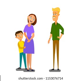 Single parent mother with scared son talking to stranger. Vector illustration in cartoon style.