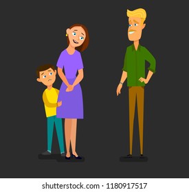 Single parent mother with scared son talking to stranger. Vector illustration in cartoon style.