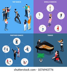 Single and partner dances isometric design concept with musicians, performers of tango and tap, isolated vector illustration