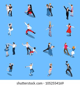 Single and partner dances, professional performers in various poses, isometric people isolated on blue background vector illustration