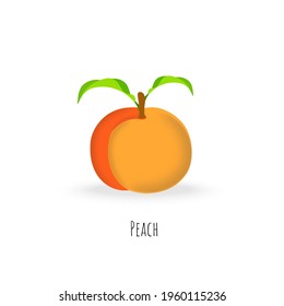 Single peach fruit isolated on white background. Vibrant colored plump peach with green leaves. Flat vector with shadows. Vector EPS 10 illustration