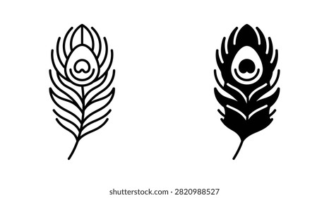 A single peacock feather plume with its characteristic eye pattern, rendered in both a clean line outline and a solid black silhouette.