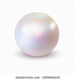 	
Single pearl isolated on transparent background. Spherical beautiful 3D orb with transparent glares and highlights.  Vector Illustration. 