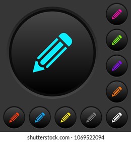 Single pencil dark push buttons with vivid color icons on dark grey background