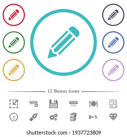 Single pencil flat color icons in circle shape outlines. 12 bonus icons included.