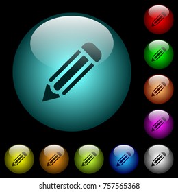 Single pencil icons in color illuminated spherical glass buttons on black background. Can be used to black or dark templates