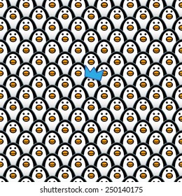 A single Penguin wearing a Blue Party Hat amongst Rows of identically repeating and forward Staring Penguins