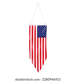 Single pennant flag of USA on string realistic vector. Hanging textile US American flag