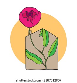 Single peony. Pink flower in house. Hand drawn linear illustration. Vector