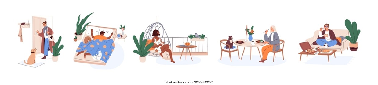 Single people living alone. Happy solo life and modern lonely lifestyle concept. Set of men and women spending time in solitude at home. Colored flat vector illustration isolated on white background