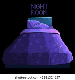 Single person bed with teenage styled linens in a color scheme of a dark night room. Vector design isolated on black background