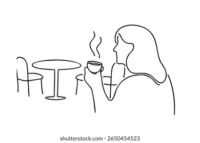 Una sola persona bebiendo café en una mesa de café con silla delineada en una mujer